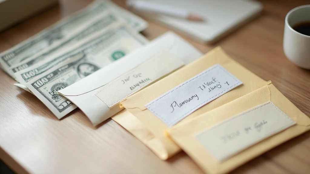 Разноцветные конверты с наличными деньгами, организованные по категориям расходов на столе