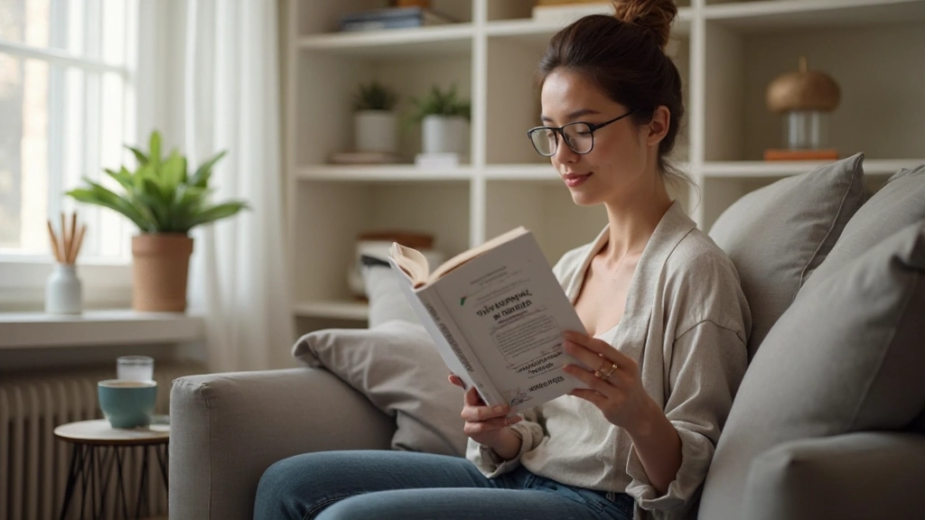 Человек на диване читает финансовую книгу с чаем