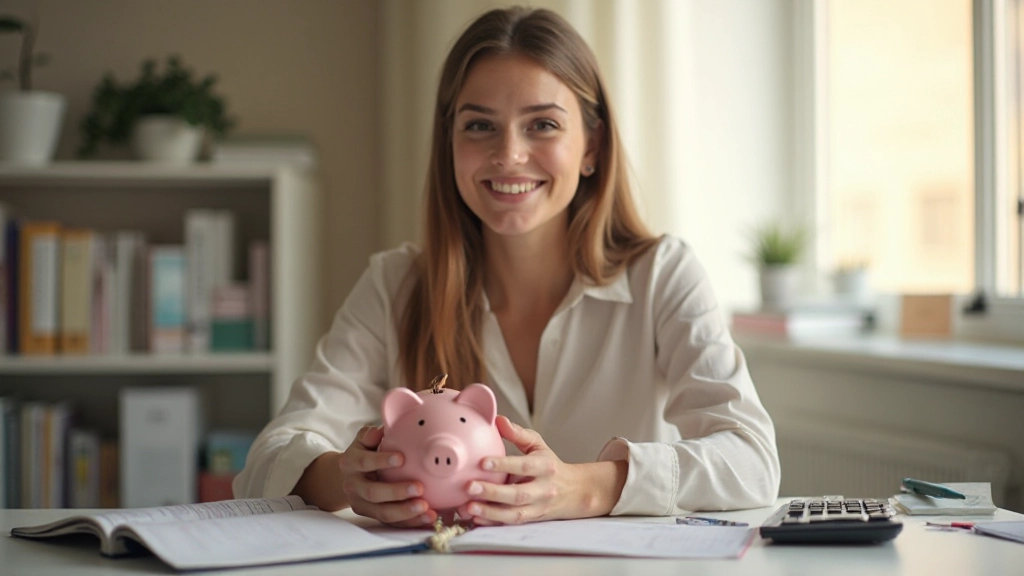 Счастливая женщина с копилкой и деньгами, улыбается от финансового успеха